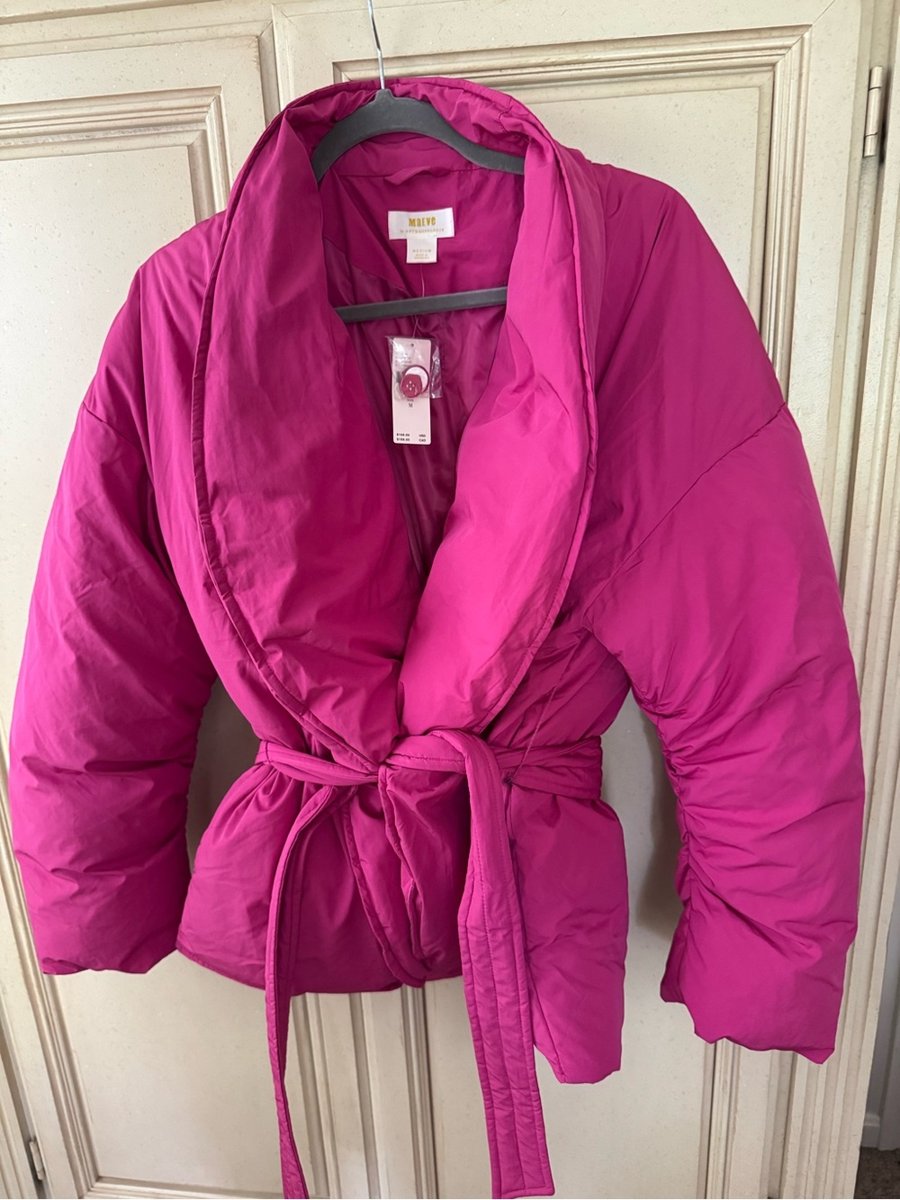 Maeve Belted Wrap Puffer Jacket in Fuchsia Pink